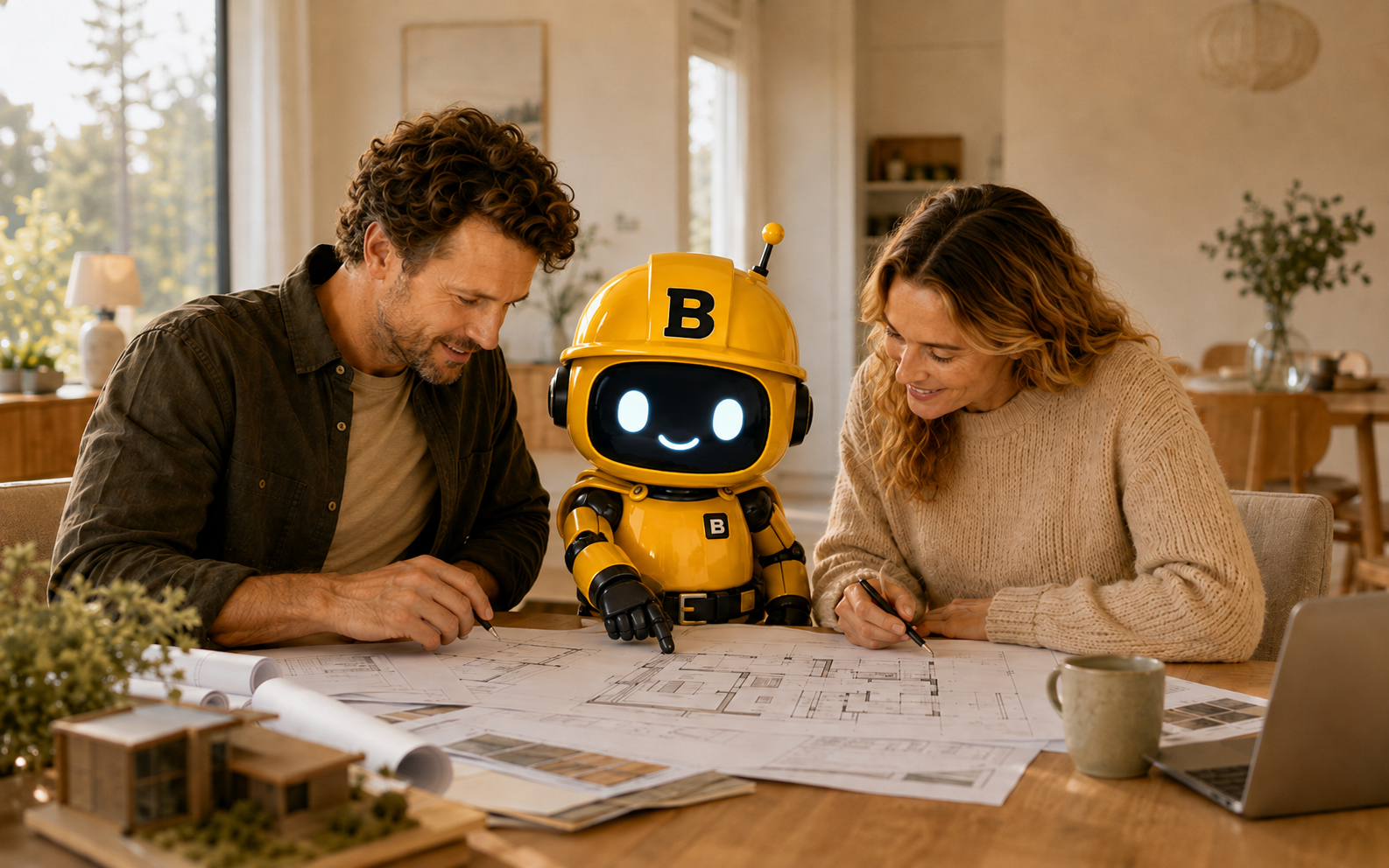 Par som går igenom ritningar tillsammans med Buildlys maskot