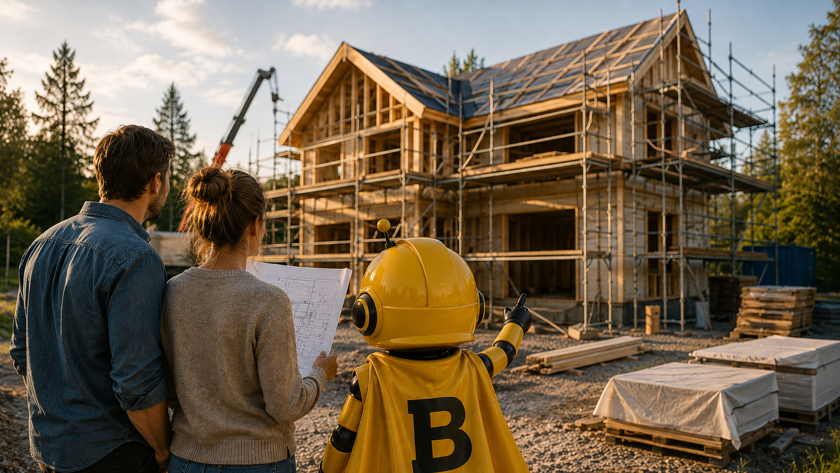 Buildly-maskoten visar ett par ett hus under byggnation