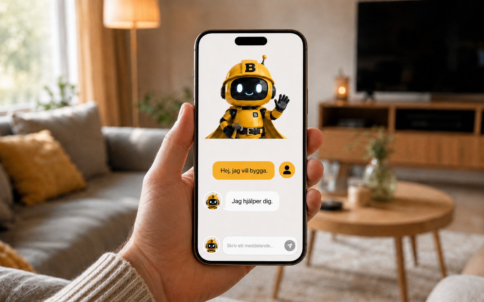 Hand som håller en mobil med Buildly-chatten öppen
