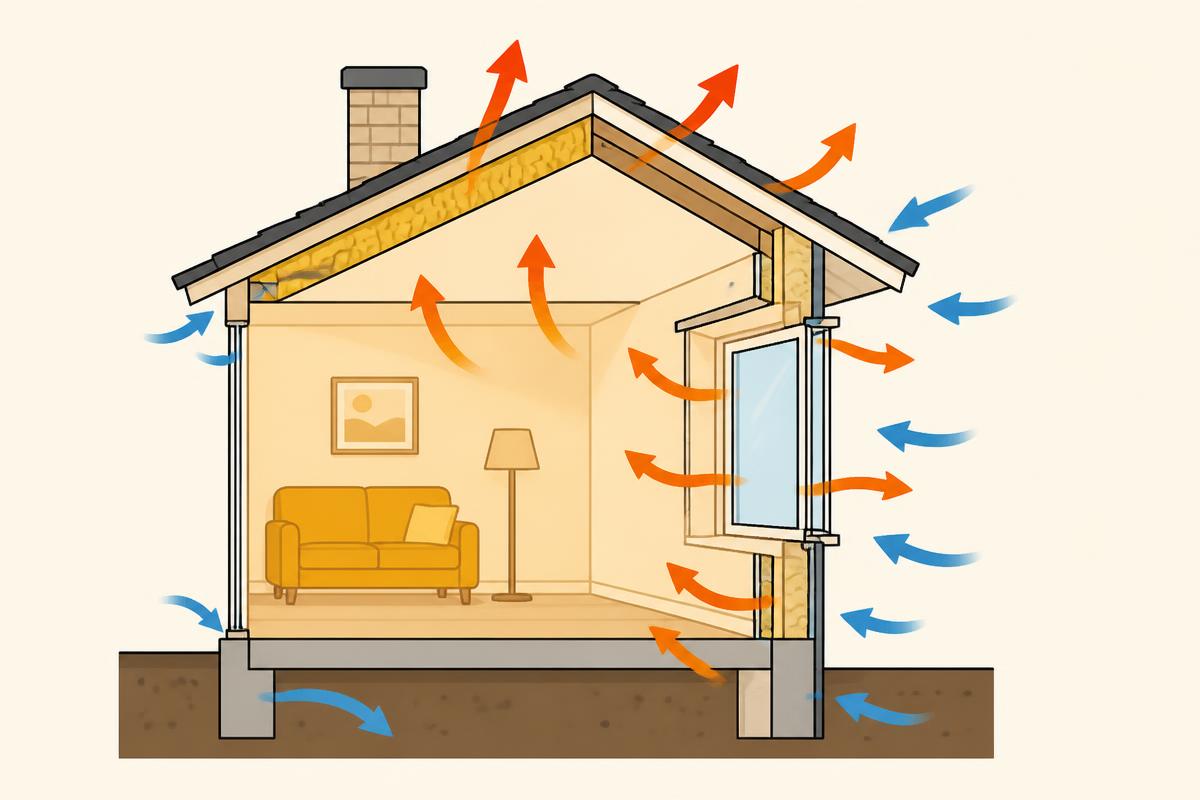 Illustration av hur varm luft lämnar huset och kall luft tränger in genom klimatskärmen