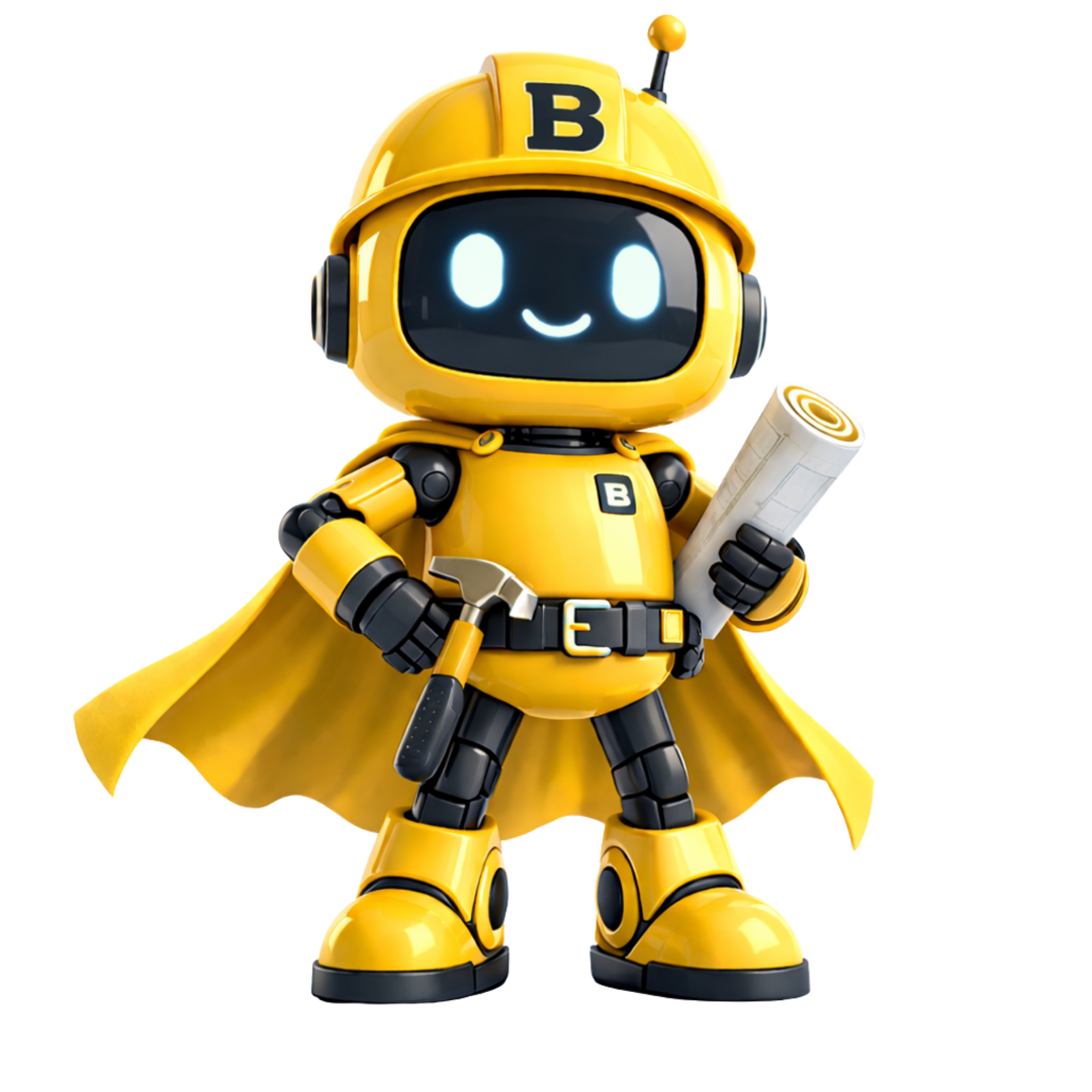 Buildly AI robot mascot waving and guiding you through your construction project