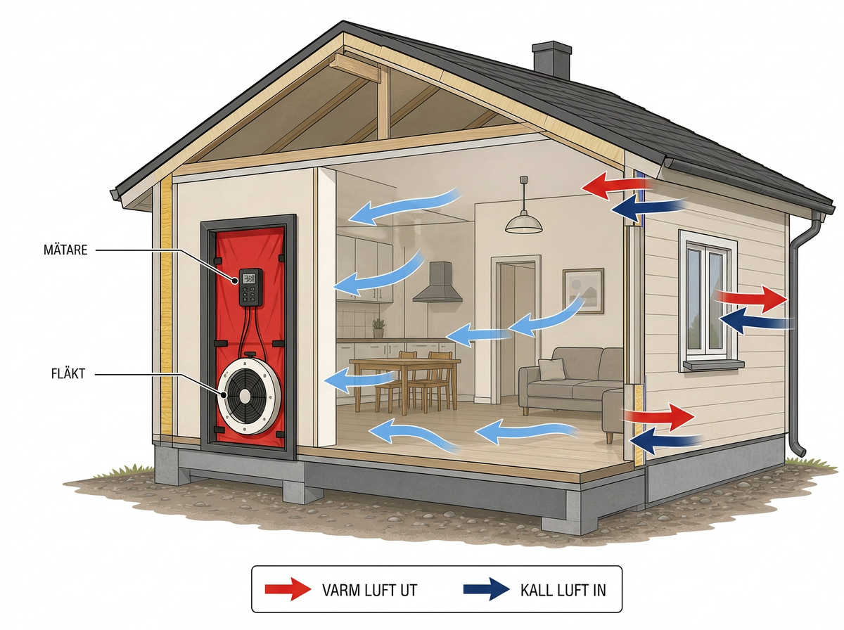 Illustration av en villa i genomskärning med fläkt och mätare i dörröppningen, samt röda pilar för varm luft ut och blå pilar för kall luft in vid tak, fönster och grund